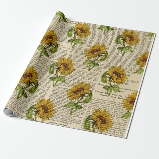 Sonnenblumen und Vintages Zeitungspapier Geschenkpapier (Ungerollt)