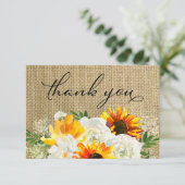 Sonnenblumen und Weiße Rose Blütenblume 2 Burlap Dankeskarte (Stehend Vorderseite)