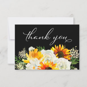 Sonnenblumen und Weiße Rosen Blüte 2 Schwarz Dankeskarte