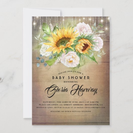 Sonnenblumen und Weißrosen Rustikale Babydusche Einladung (Vorderseite)