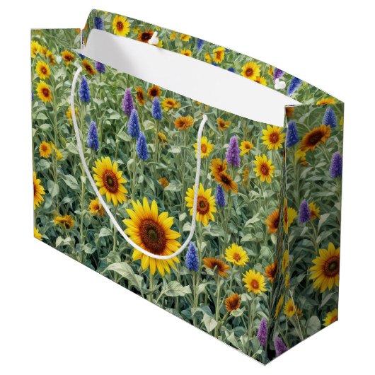 Sonnenblumen- und Wildblumenfeld Große Geschenktüte (Rückseite Schrägansicht)