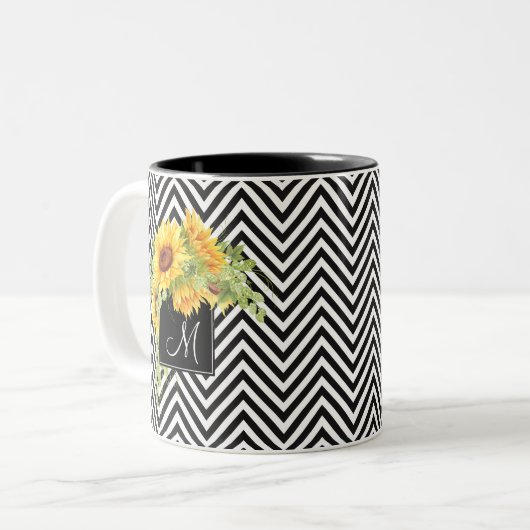 Sonnenblumen und Zickzack Streifen mit Monogramm Zweifarbige Tasse (Vorderseite Links)