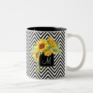Sonnenblumen und Zickzack Streifen mit Monogramm Zweifarbige Tasse