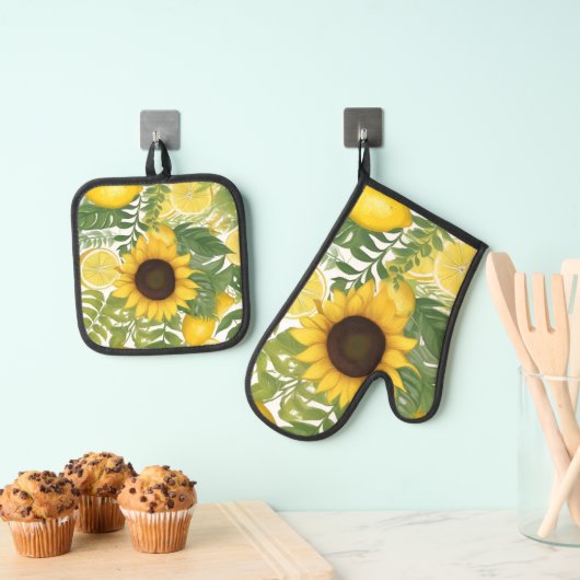 Sonnenblumen und Zitronen Wasserfarbe Ofenhandschuh & Topflappen-Set (Insitu (Hängend))