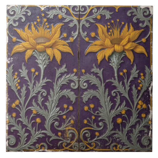 Sonnenblumen-Vignetten in Violett Fliese (Vorderseite)