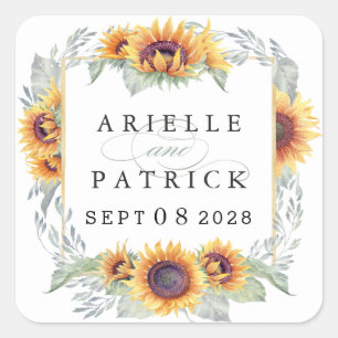 Sonnenblumen Vintage-Wasserfarben-Hochzeitsaufkleb Quadratischer Aufkleber