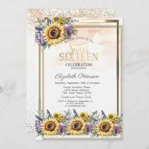 Sonnenblumen Violette Blume Rahmen Sweet 16 Einladung