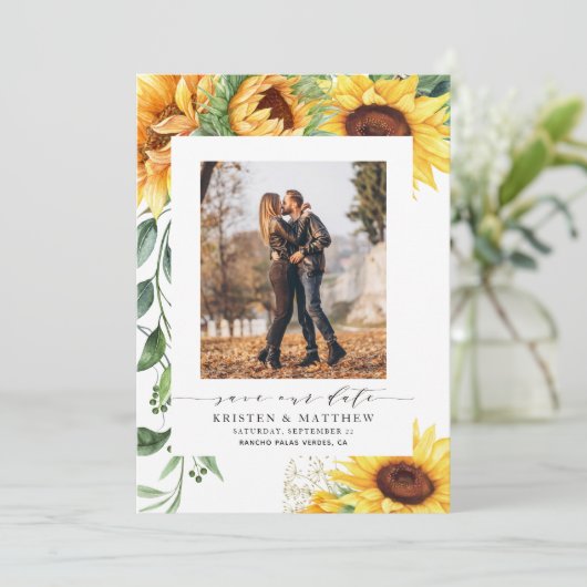 Sonnenblumen Wasserfarbe Modernes Foto Save The Date (Stehend Vorderseite)