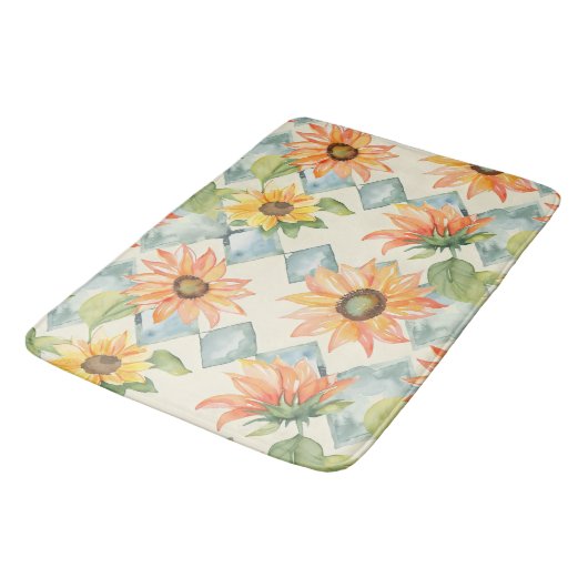 Sonnenblumen Wasserfarbenes Blumenmuster Badematte (Schrägansicht)