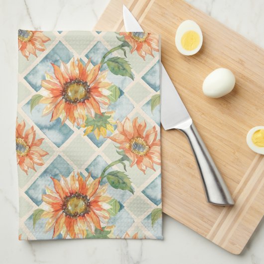 Sonnenblumen Wasserfarbenes Blumenmuster Geschirrtuch (Viertel Falte)