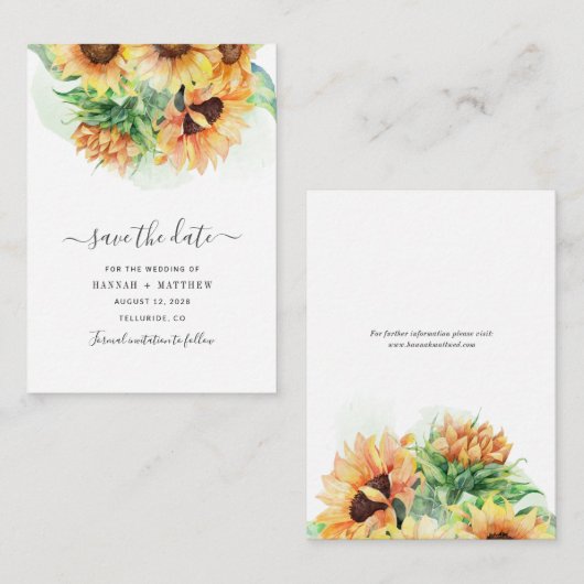 Sonnenblumen-Wasserfarbenskripte Hochzeit Das Datu Mitteilungskarte (Vorne/Hinten)