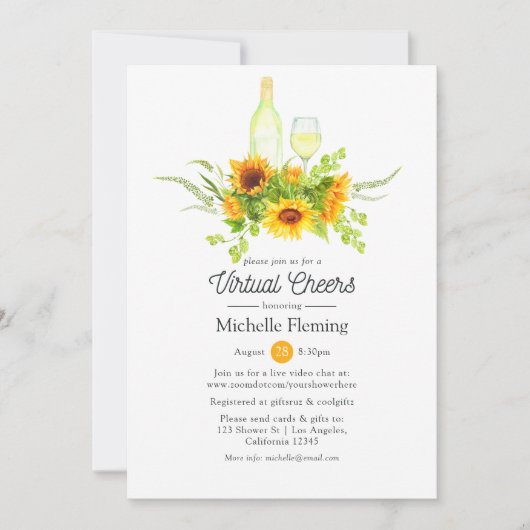 Sonnenblumen Wein Degustation Virtual Brautparty Einladung (Vorderseite)