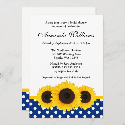 Sonnenblumen Weiß und Blau Polka Dot Brautparty Einladung (Vorne/Hinten)