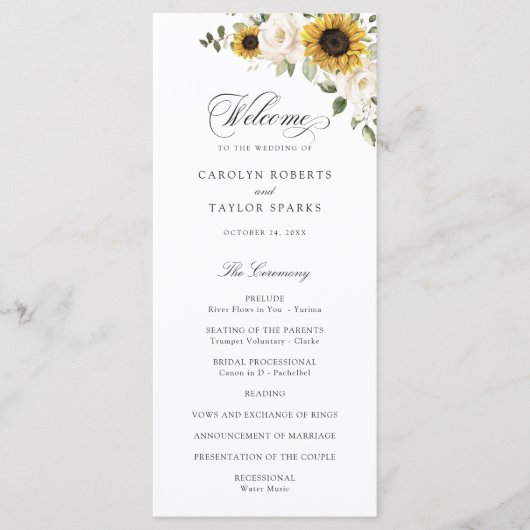 Sonnenblumen Weiße Blume Grün Rustikale Hochzeit Programm (Vorderseite)