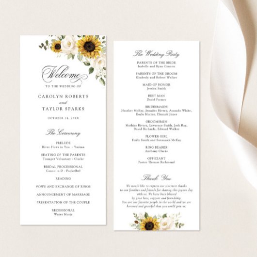 Sonnenblumen Weiße Blume Grün Rustikale Hochzeit Programm