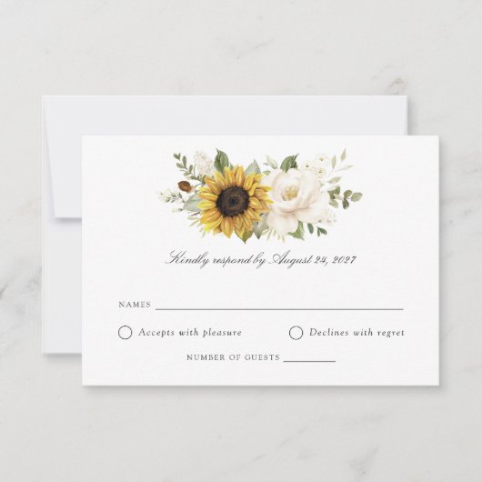 Sonnenblumen Weiße Blumengrün Hochzeit RSVP Karte (Vorderseite)