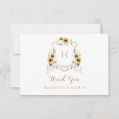 Sonnenblumen Weißes Hydrangea-Wappen Hochzeit Mono Dankeskarte (Vorderseite)