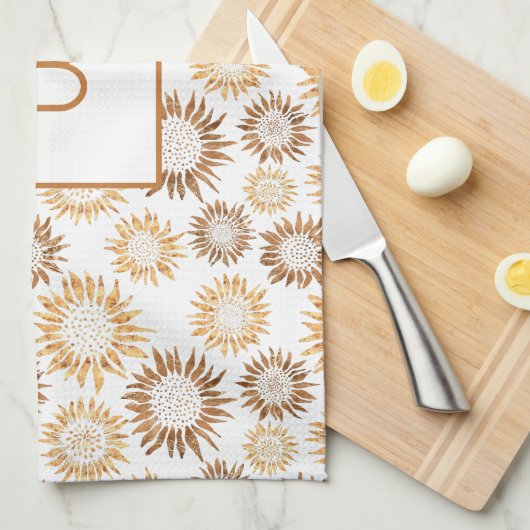Sonnenblumen Weißgold Monogramm Geschirrtuch (Viertel Falte)