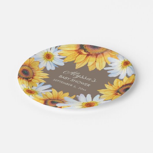 Sonnenblumen White Daisies Brown Babydusche Pappteller (Schrägansicht)