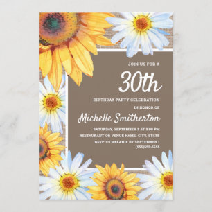 Sonnenblumen White Daisies Burlap 30. Geburtstag Einladung