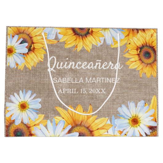Sonnenblumen White Daisy Burlap Quinceñera Name Große Geschenktüte (Rückseite)