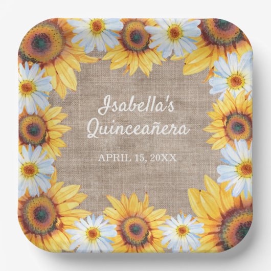 Sonnenblumen White Daisy Burlap Quinceñera Name Pappteller (Vorderseite)
