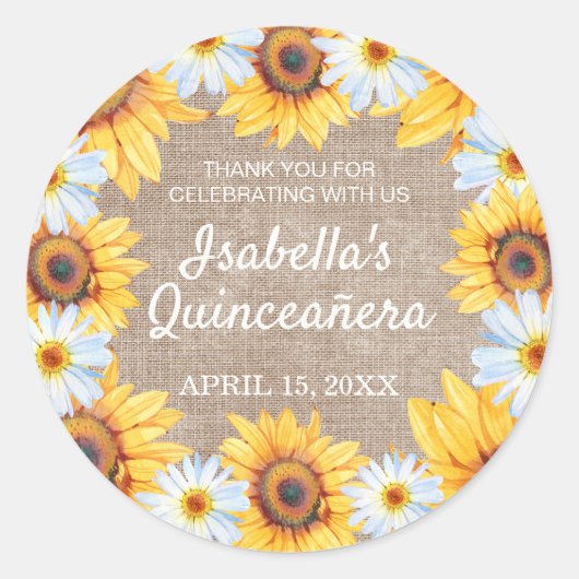 Sonnenblumen White Daisy Burlap Quinceñera Name Runder Aufkleber (Vorderseite)