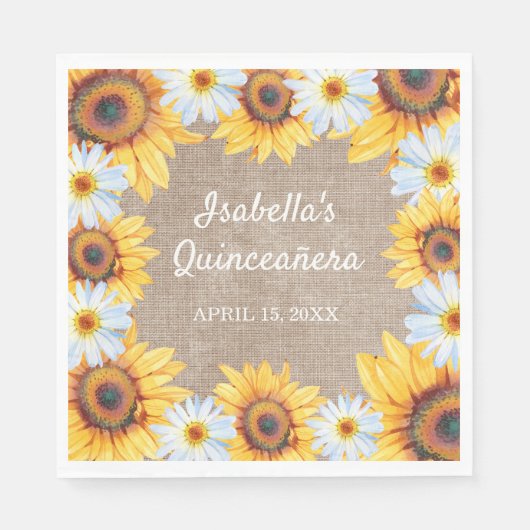 Sonnenblumen White Daisy Burlap Quinceñera Name Serviette (Vorderseite)