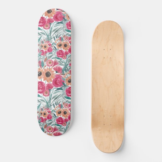 Sonnenblumen Wildblume Wasserfarbenes Blumenmuster Skateboard (Vorderseite)