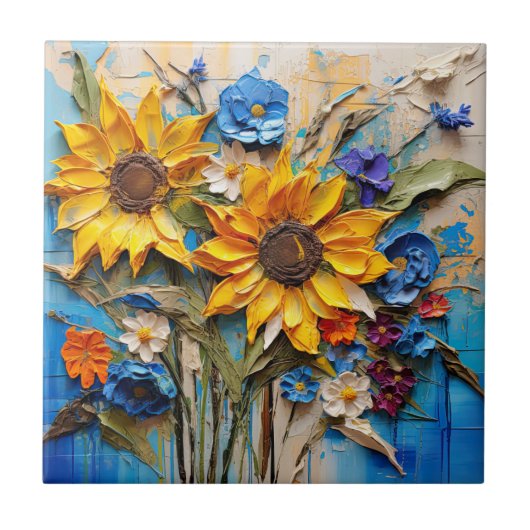 Sonnenblumen Wildblumen Blume Mixed Media Design Fliese (Vorderseite)