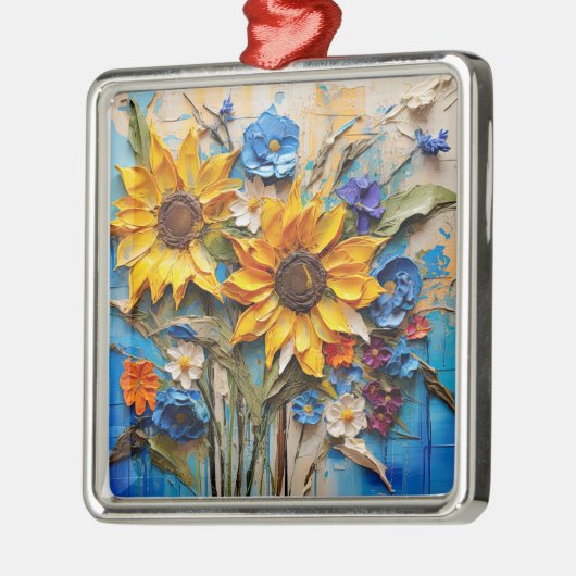 Sonnenblumen Wildblumen Blume Mixed Media Design Ornament Aus Metall (Links)