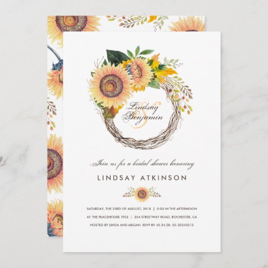 Sonnenblumen Wreath Rustic Fall Brautparty Einladung (Vorne/Hinten)