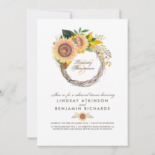 Sonnenblumen Wreath Rustic Fall Probe Abendessen Einladung (Vorderseite)
