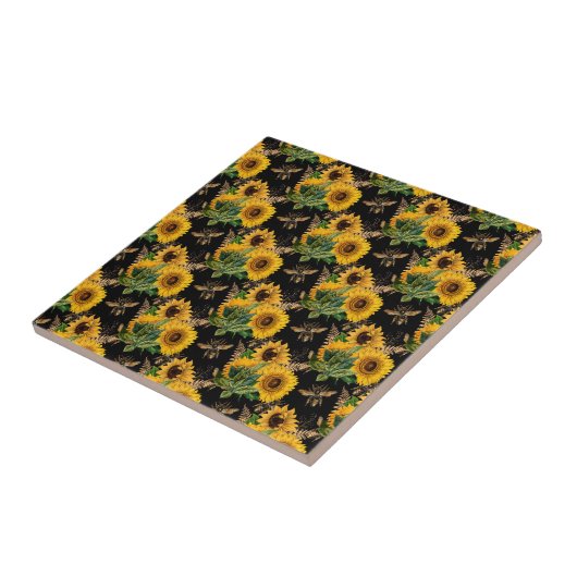Sonnenblumen Yellow Black Bees Bouquet Fliese (Seite)