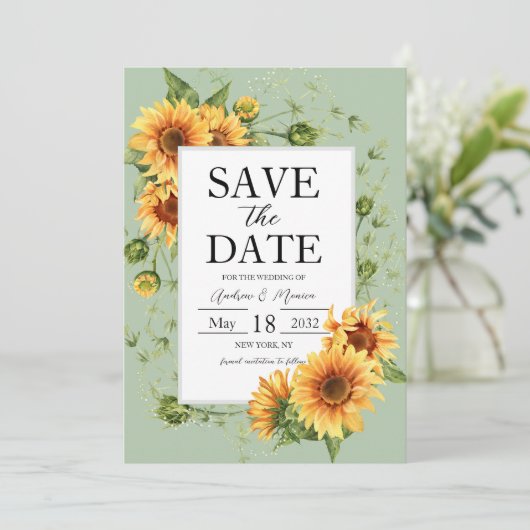 Sonnenblumen zeigen Grüne Hochzeit retten das Datu Save The Date (Stehend Vorderseite)