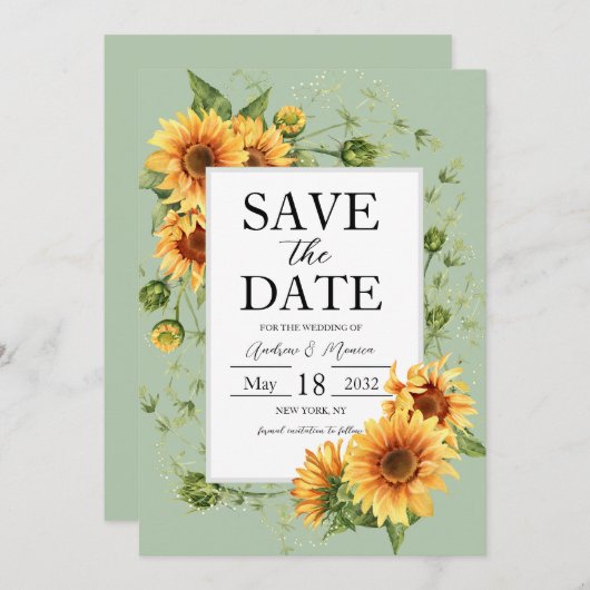 Sonnenblumen zeigen Grüne Hochzeit retten das Datu Save The Date (Vorne/Hinten)