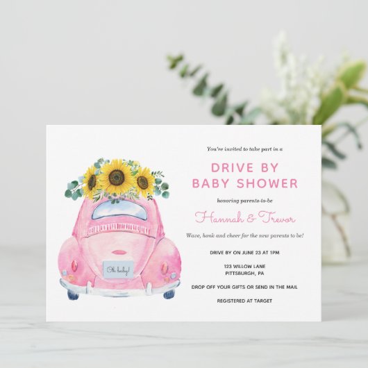 Sonnenblumenantrieb mit Baby Girl Dusche Einladung (Stehend Vorderseite)