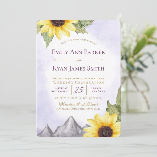 Sonnenblumenberg Lavendel Lila Hochzeit Einladung (Stehend Vorderseite)