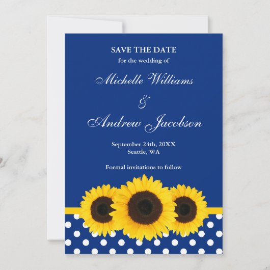 Sonnenblumenblau und weißer Polka-Punkt Save the D Date (Vorderseite)
