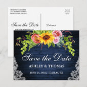 Sonnenblumenblume Blaue Holzspitze Save the Date Einladungspostkarte (Vorne/Hinten)