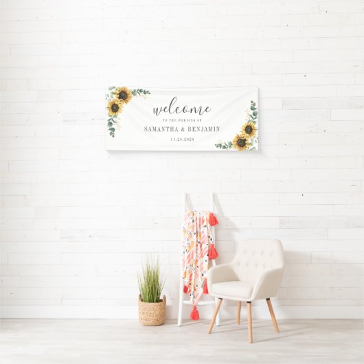 Sonnenblumenblume Eukalyptus Script Hochzeit Banner (Insitu)
