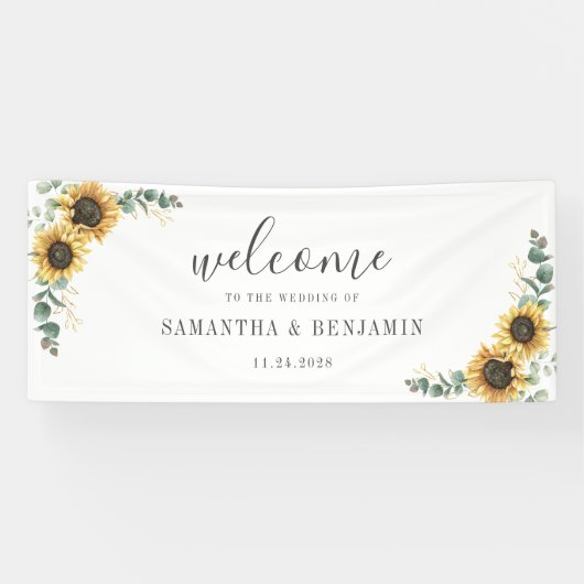 Sonnenblumenblume Eukalyptus Script Hochzeit Banner (Horizontal)