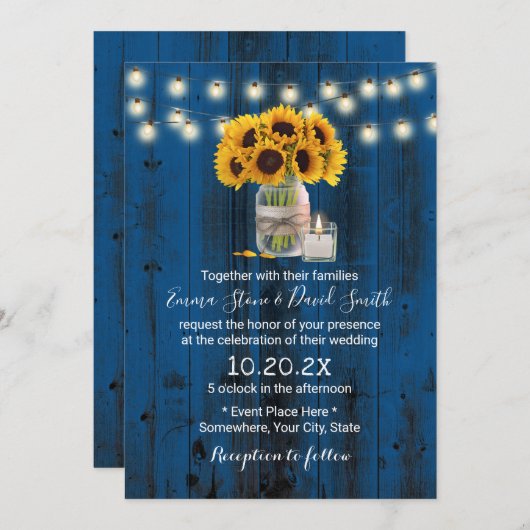 Sonnenblumenblume Jar Rustic Navy Blauer Barn Hoch Einladung (Vorne/Hinten)