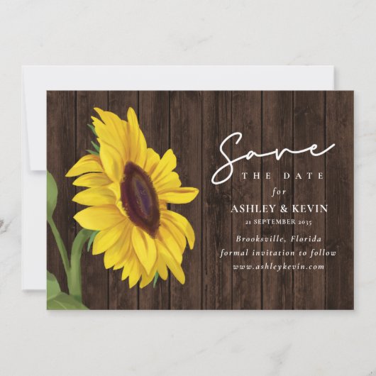 Sonnenblumenblume über der Hochzeit von Holz Save The Date (Vorderseite)