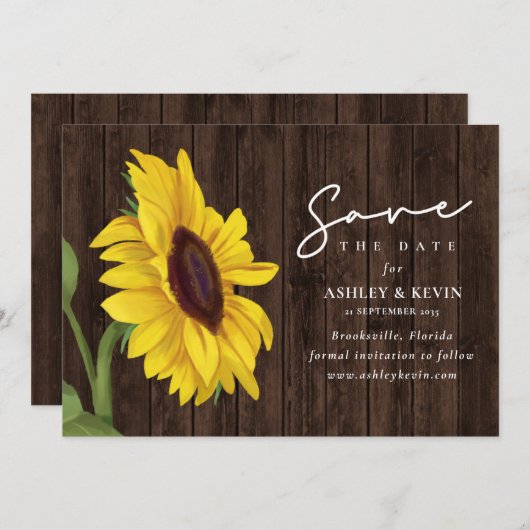 Sonnenblumenblume über der Hochzeit von Holz Save The Date (Vorne/Hinten)