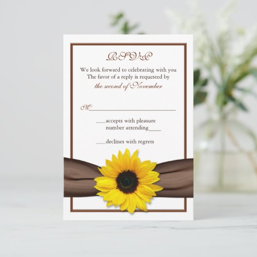 Sonnenblumenbraun-Band-Hochzeitskarte RSVP (Stehend Vorderseite)