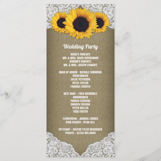 Sonnenblumenbühne und rustikale Hochzeitsprogramme Programm (Rückseite)