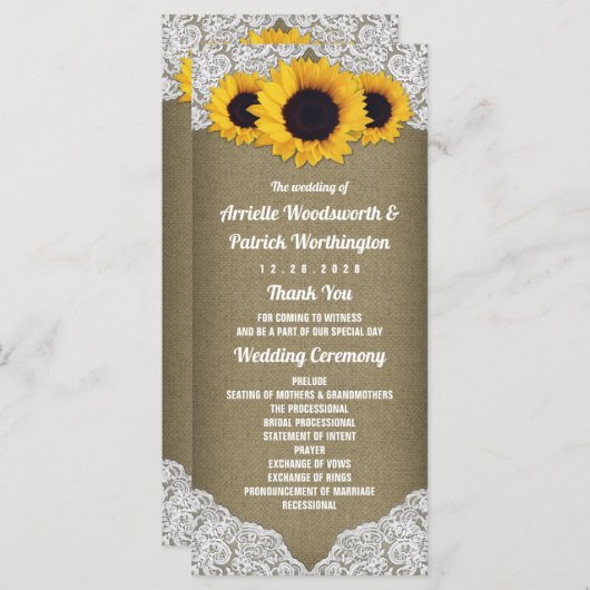 Sonnenblumenbühne und rustikale Hochzeitsprogramme Programm (Vorne/Hinten)