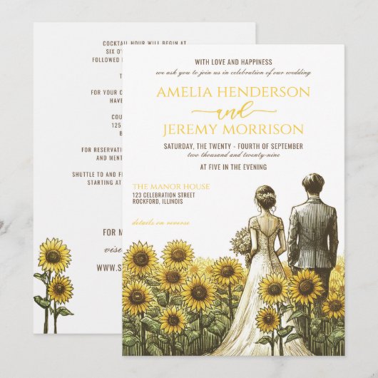 Sonnenblumencouple Hochzeit Einladung mit Details (Vorne/Hinten)
