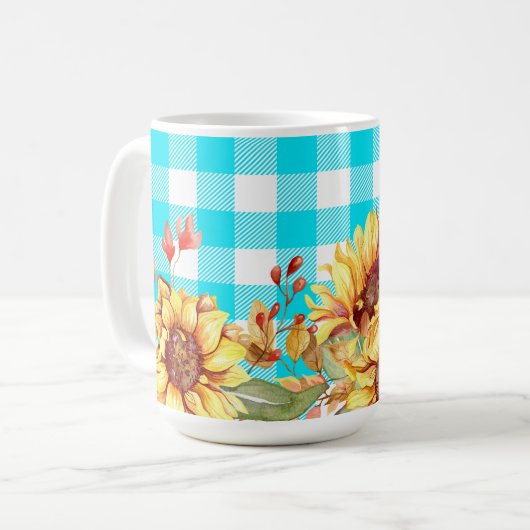 Sonnenblumendesign und blaues, kariertes Muster Kaffeetasse (Vorderseite Links)